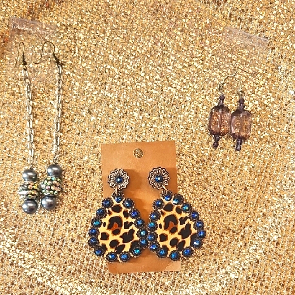 Leopard Print Blue Crystal Drop Earrings